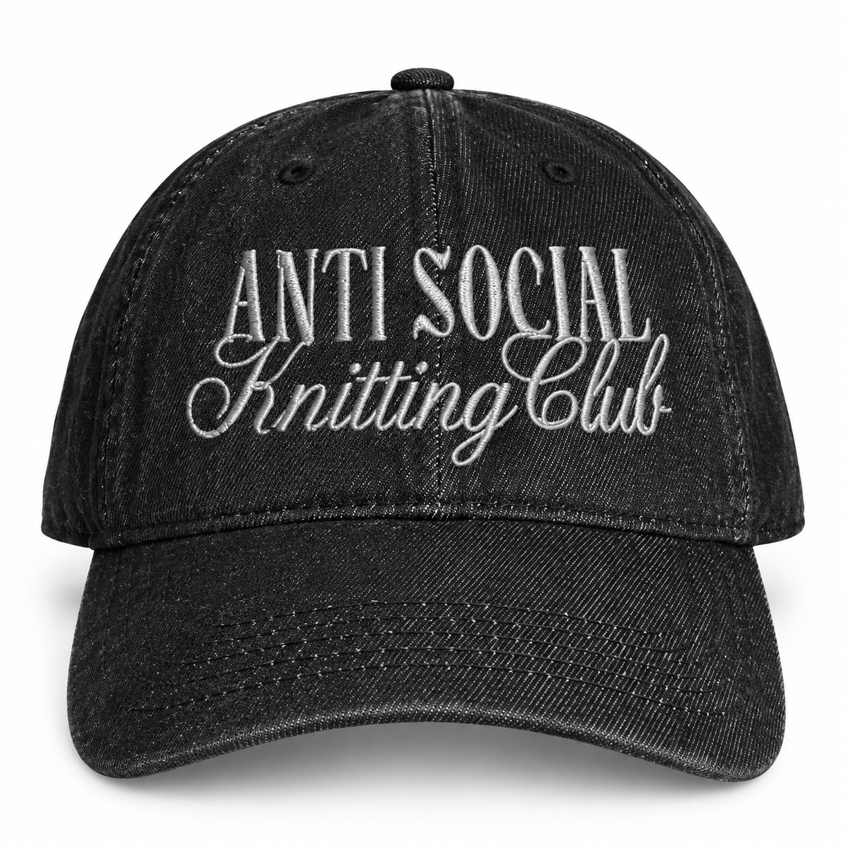Black denim hat with gray “Anti Social Knitting Club” embroidery.