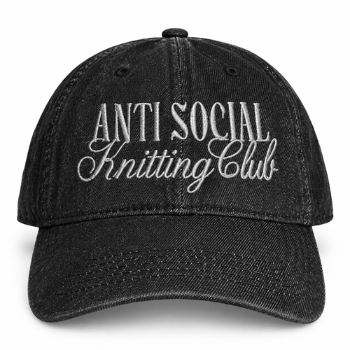 Black denim hat with gray “Anti Social Knitting Club” embroidery.