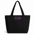A black canvas tote bag with dual shoulder straps, featuring purple embroidered text on the front pocket that reads 'ANTI SOCIAL Knitting Club' on a clean white background.