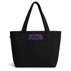 A black canvas tote bag with dual shoulder straps, featuring purple embroidered text on the front pocket that reads 'ANTI SOCIAL Knitting Club' on a clean white background.