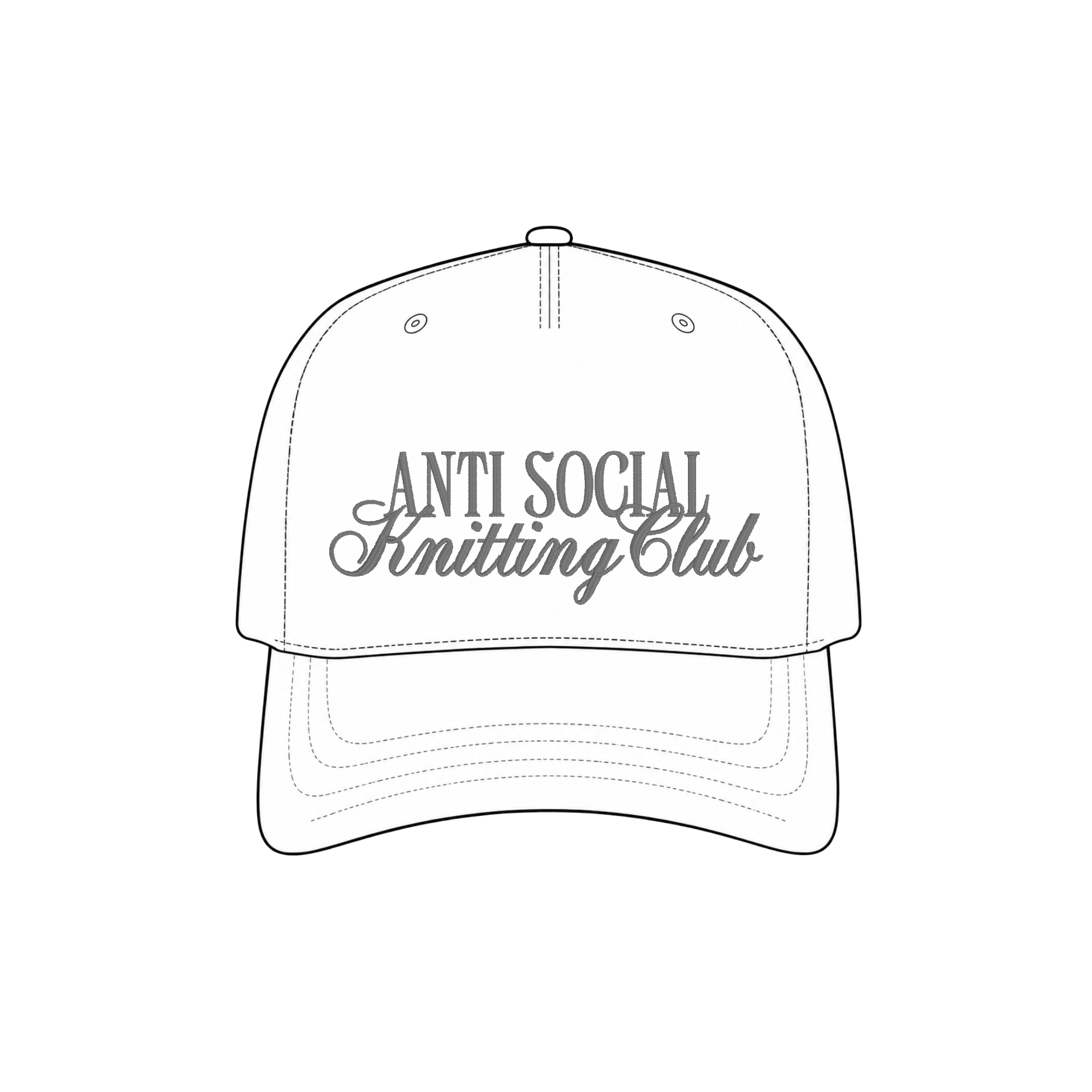 Anti Social Knitting Club embroidery design for a custom maker hat
