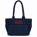 A dark navy blue denim tote bag with red embroidered text reading 'ANTI SOCIAL Knitting Club' on the front, set against a plain white background.