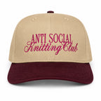 Khaki and burgundy structured hat with dark pink Anti Social Knitting Club embroidery