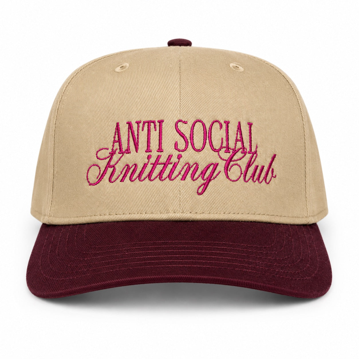 Khaki and burgundy structured hat with dark pink Anti Social Knitting Club embroidery