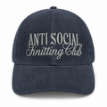 Navy corduroy hat with metallic silver Anti Social Knitting Club embroidery