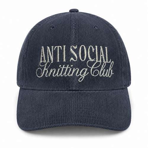 Navy corduroy hat with metallic silver Anti Social Knitting Club embroidery