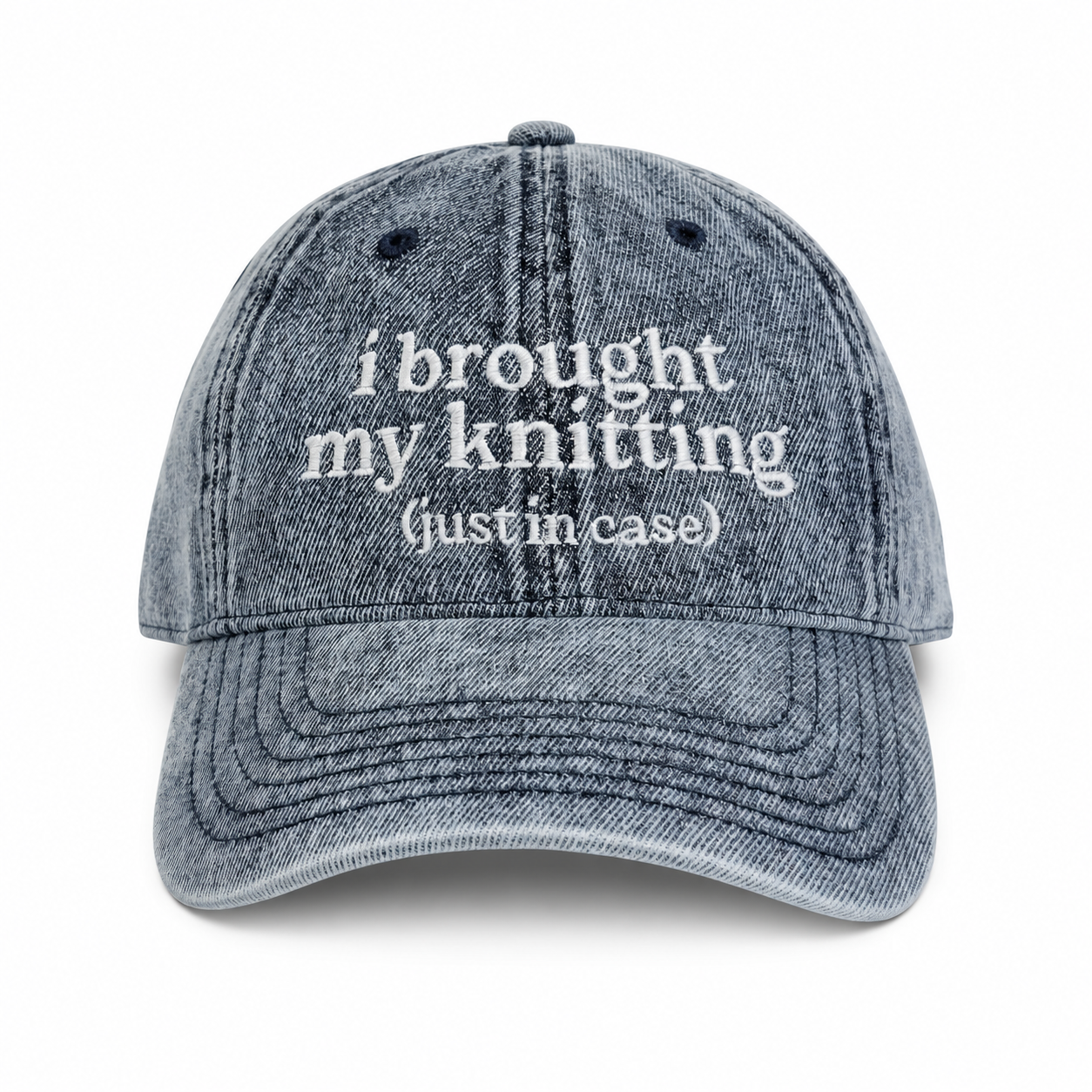 I Brought My Knitting (Just in Case) - Acid Wash Denim Hat – White Embroidery | TIMI