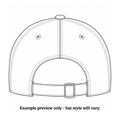 Black and white line art preview of a baseball cap back view with text below reading 'Example preview only - hat style will vary.'.