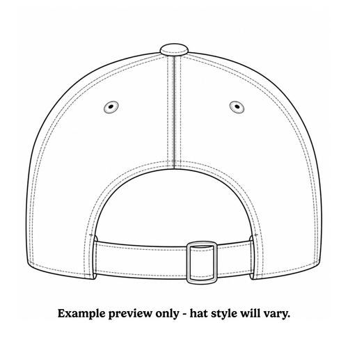 Black and white line art preview of a baseball cap back view with text below reading 'Example preview only - hat style will vary.'.