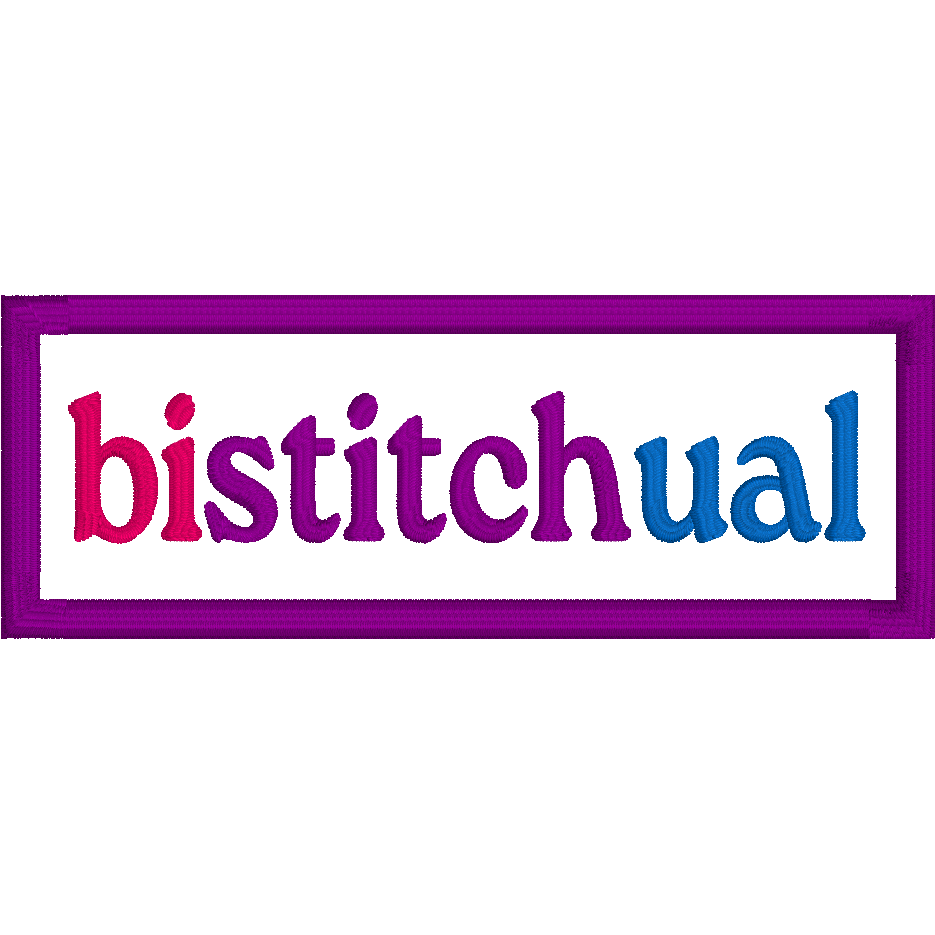 Bistitchual Black Bag Tag – Pink, Purple + Blue Embroidery