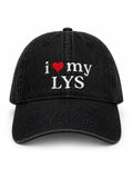I Love My LYS – Black Denim Hat – White + Red Embroidery | Maker Favorite