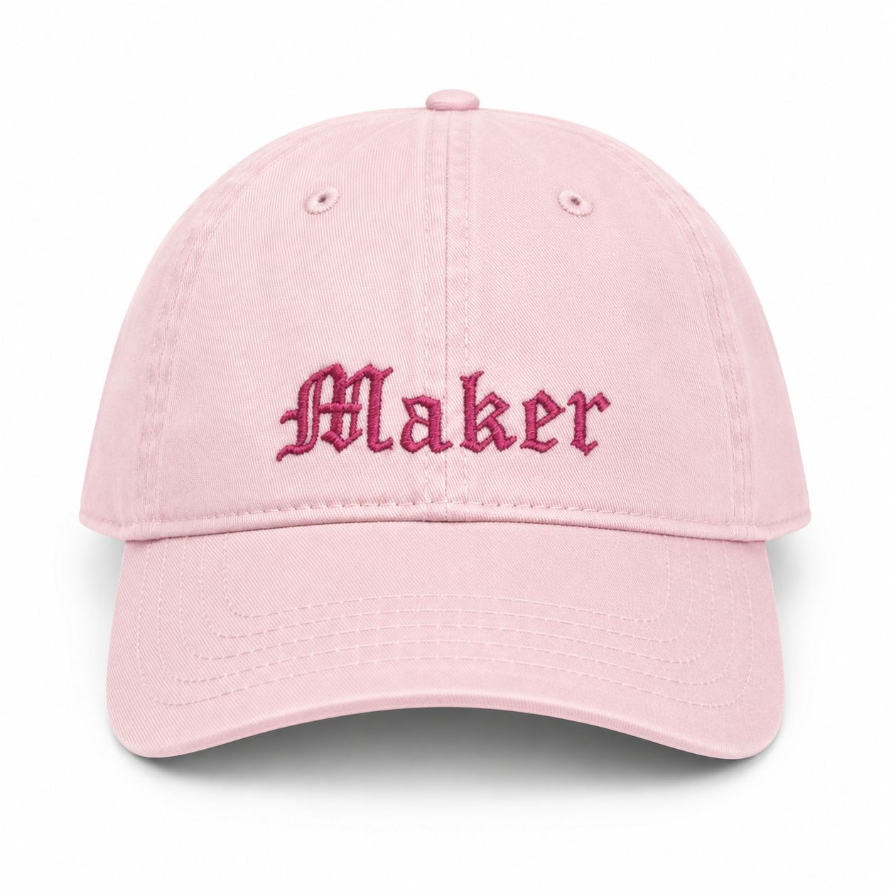 Pink cap with 'Maker' embroidered on a white background