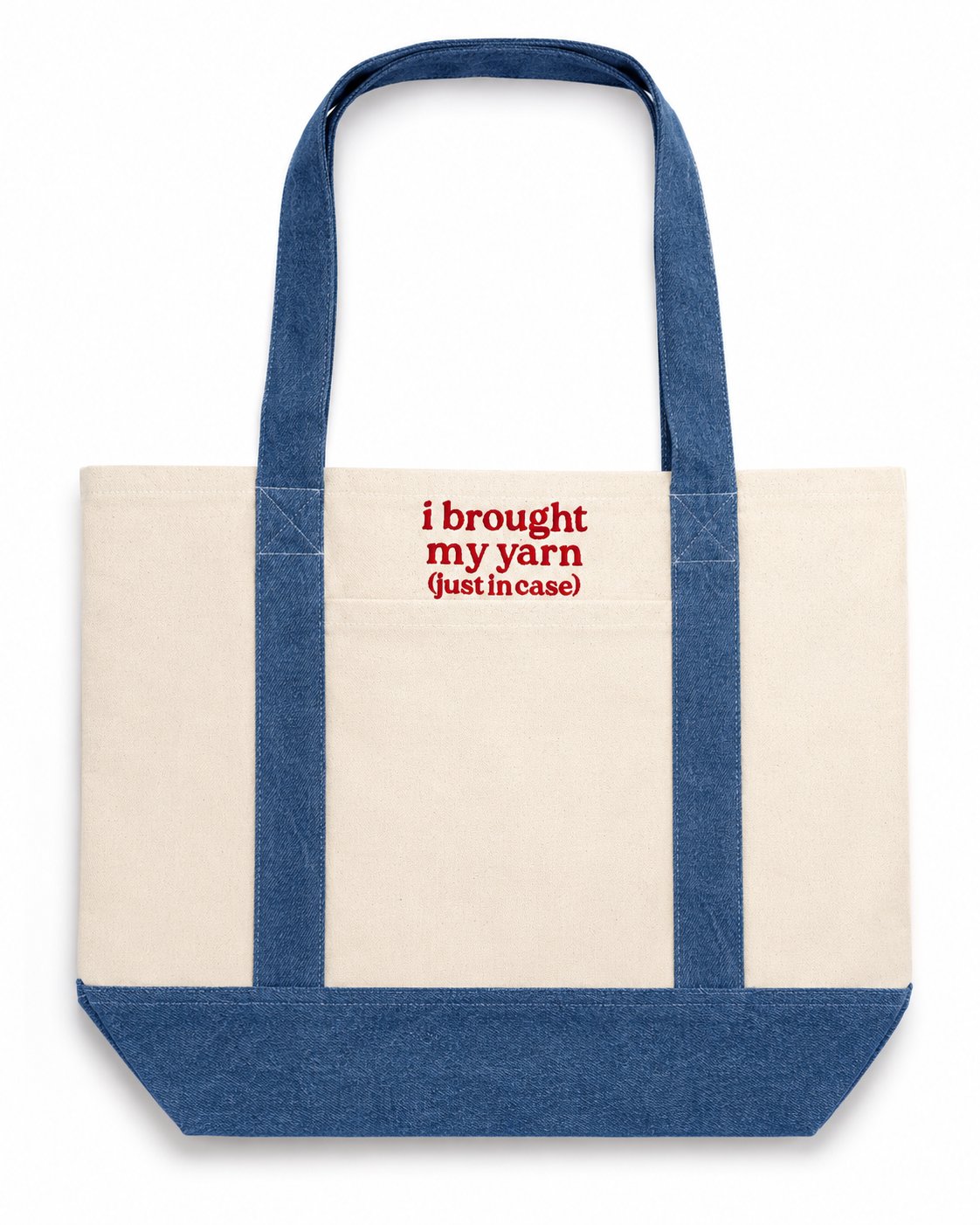 I Brought My Yarn (Just in Case) – Denim/Natural Pocket Tote – Red Embroidery | Maker Favorite