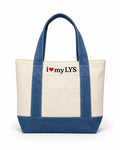 I Love My LYS – Mini Denim/Natural Pocket Tote – Black + Red Embroidery | Maker Favorite