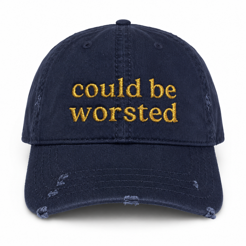 Navy distressed dad cap with metallic gold classic Could Be Worsted embroidery