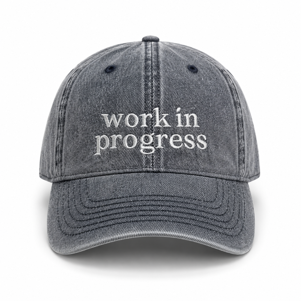 Gray cap with 'work in progress' text on a white background