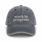 Gray cap with 'work in progress' text on a white background