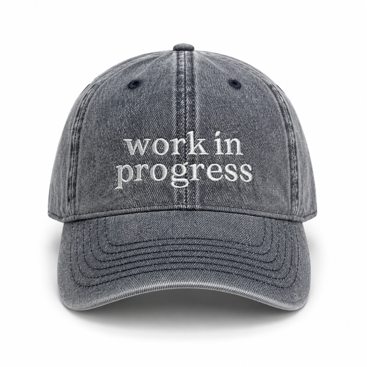 Gray cap with 'work in progress' text on a white background