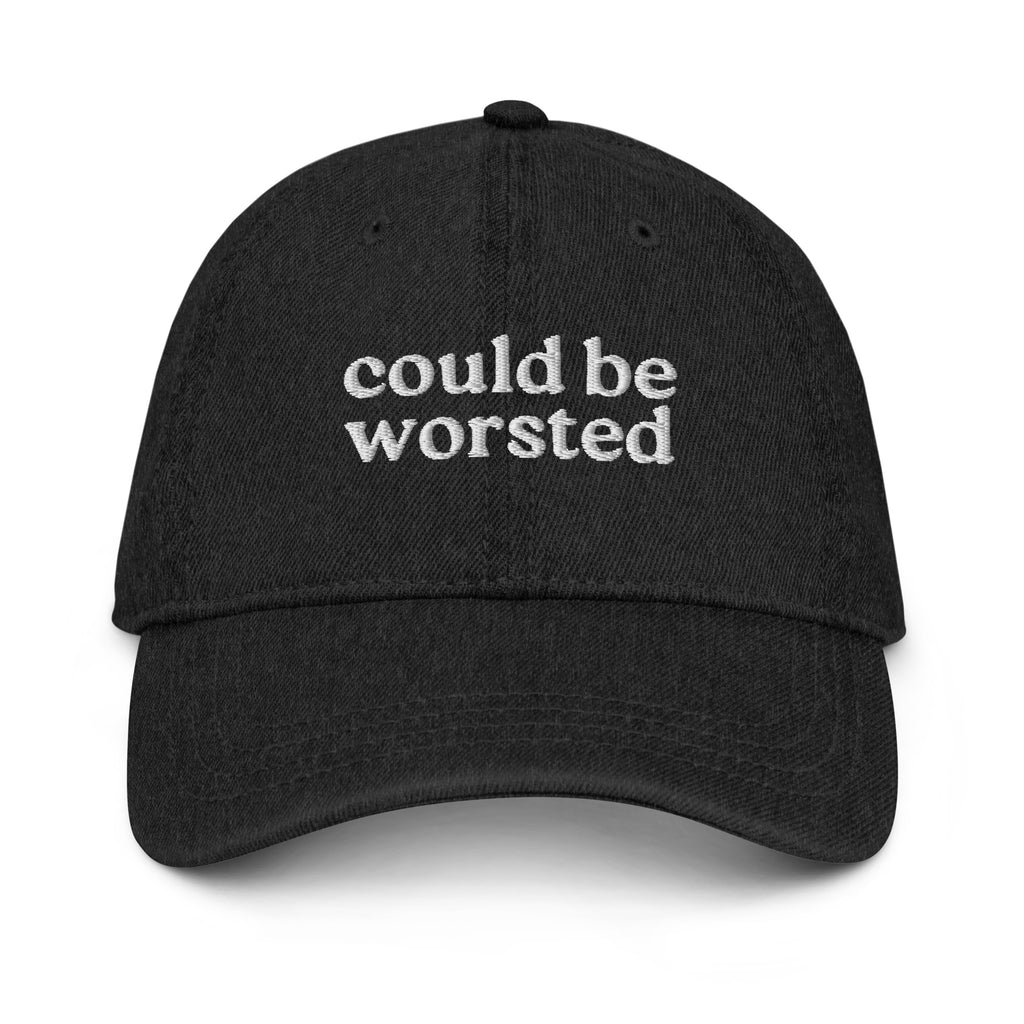Black cap with 'could be worsted' text on a white background