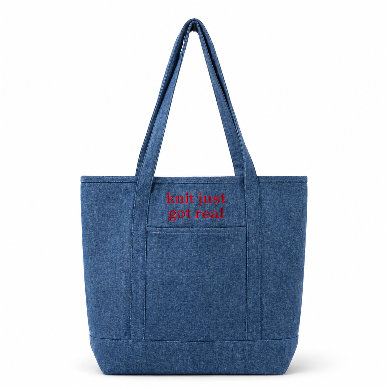 Knit Just Got Real - Denim Tote Bag with Pockets – Red Embroidery | TIMI