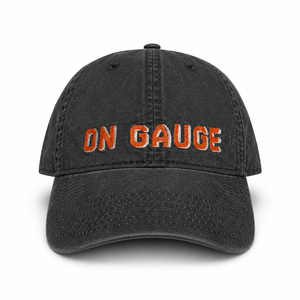 Black cap with 'ON GAUGE' text in orange on a white background