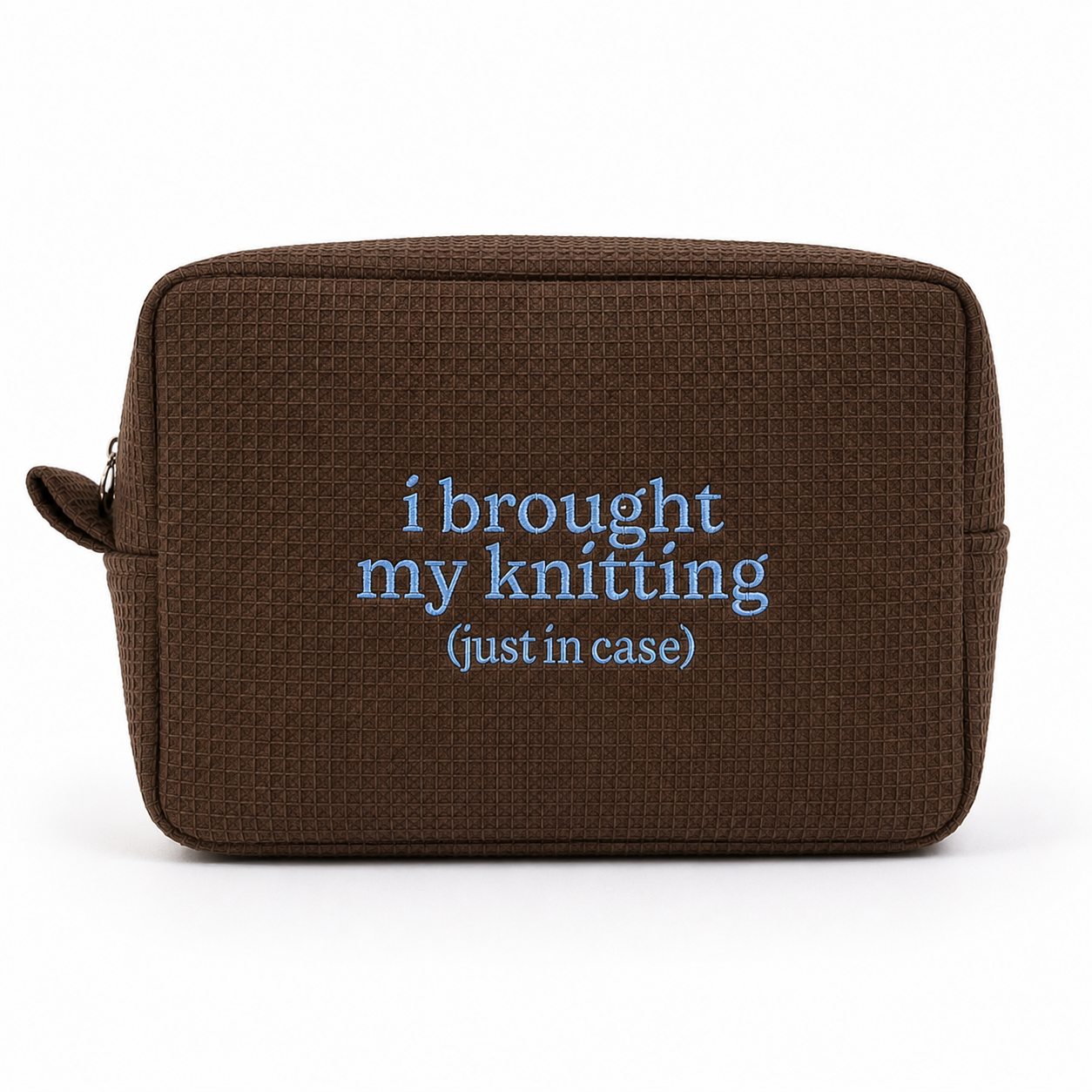 I Brought My Knitting - Brown Waffle Project Pouch – Baby Blue Embroidery | TIMI