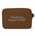 A brown woven fabric pouch with the words 'Emotional Support WIP' embroidered in light blue on the front, shown on a plain white background.
