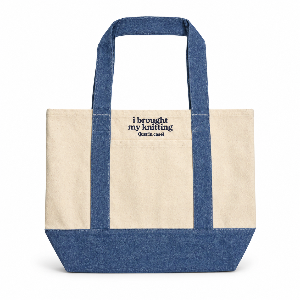 I Brought My Knitting - Denim/Natural Pocket Tote – Navy Embroidery | Maker Favorite