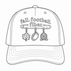 Custom Fall. Football. Fiber. embroidered structured hat with stitch marker-inspired leaf, football, and yarn ball design.