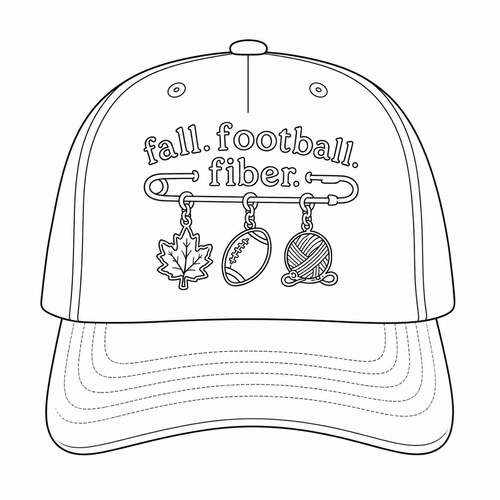 Custom Fall. Football. Fiber. embroidered structured hat with stitch marker-inspired leaf, football, and yarn ball design.