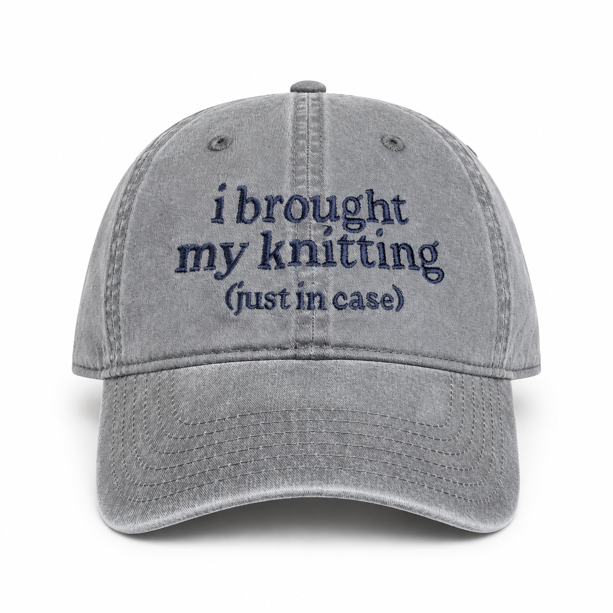Gray cap with embroidered text on a white background