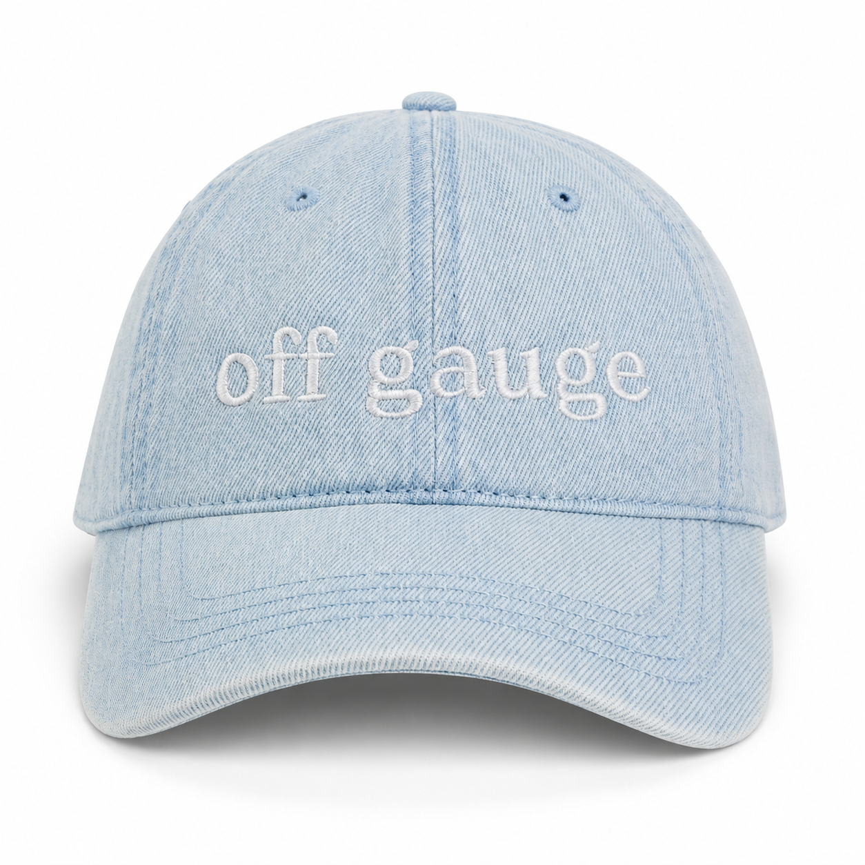 Light blue denim cap with 'off gauge' text on a white background