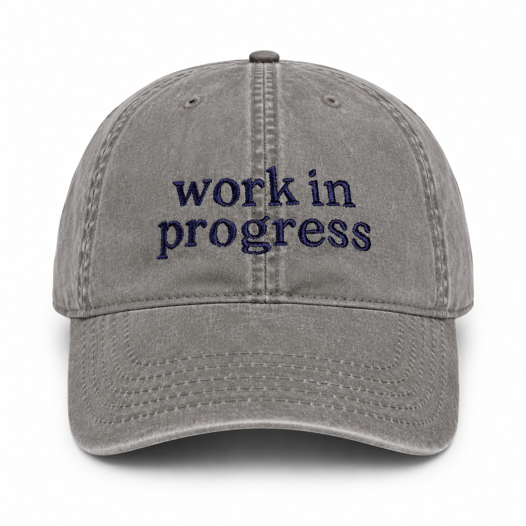 Gray cap with 'work in progress' text on a white background