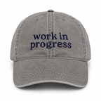 Gray cap with 'work in progress' text on a white background