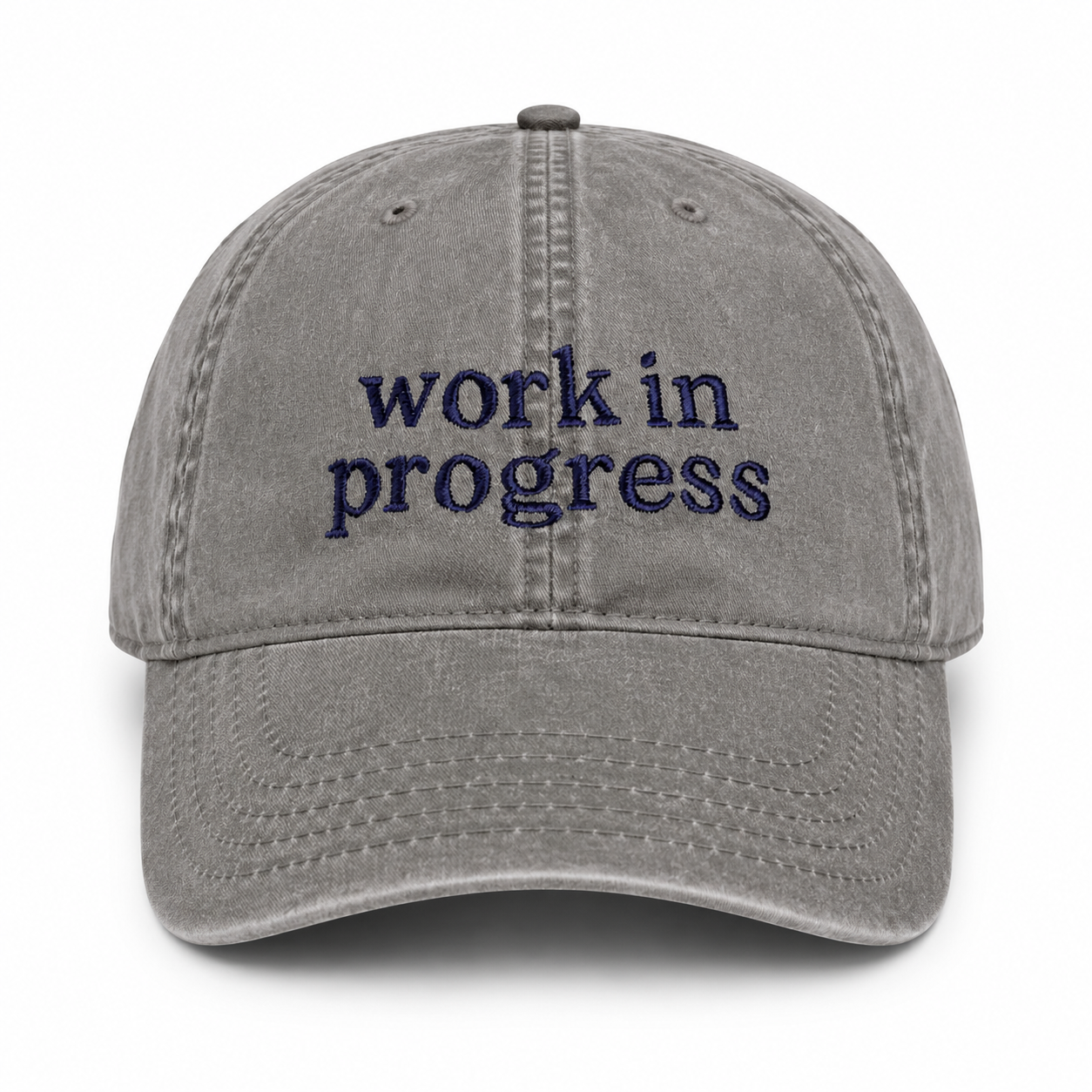Gray cap with 'work in progress' text on a white background