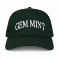 Dark green 5-panel hat with white Gem Mint arched embroidery