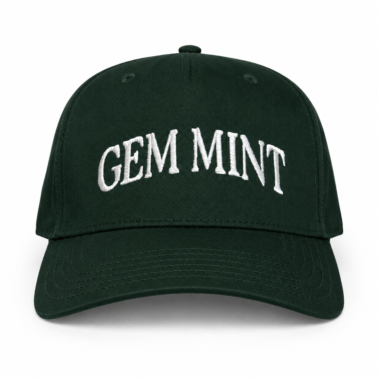 Dark green 5-panel hat with white Gem Mint arched embroidery