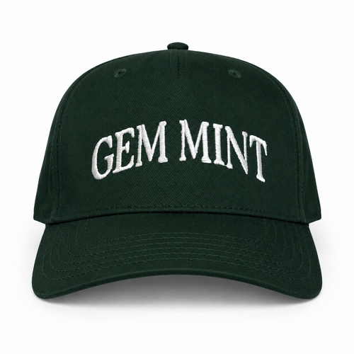 Dark green 5-panel hat with white Gem Mint arched embroidery