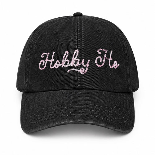 Black denim hat with baby pink chain stitch Hobby Ho embroidery