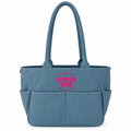 A blue fabric organizer tote bag with two top handles, multiple front pockets, and a pink embroidered 'HOBBY HOE' logo on the front, shown against a plain white background.