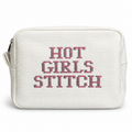 White waffle zip pouch with pink and slate blue “Hot Girls Stitch” cross stitch embroidery.