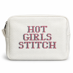 White waffle zip pouch with pink and slate blue “Hot Girls Stitch” cross stitch embroidery.