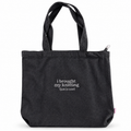 Black denim Studio Tote with metallic silver “I Brought My Knitting (Just in Case)” embroidery.