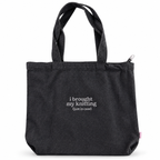 Black denim Studio Tote with metallic silver “I Brought My Knitting (Just in Case)” embroidery.