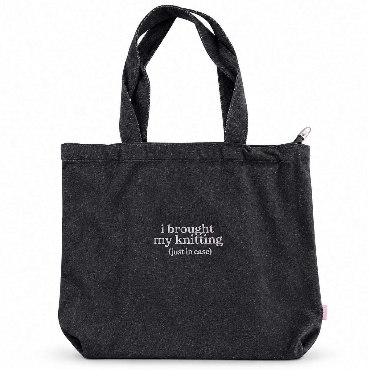 Black denim Studio Tote with metallic silver “I Brought My Knitting (Just in Case)” embroidery.