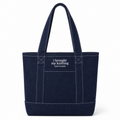 Dark denim oversized pocket tote with white I Brought My Knitting embroidery