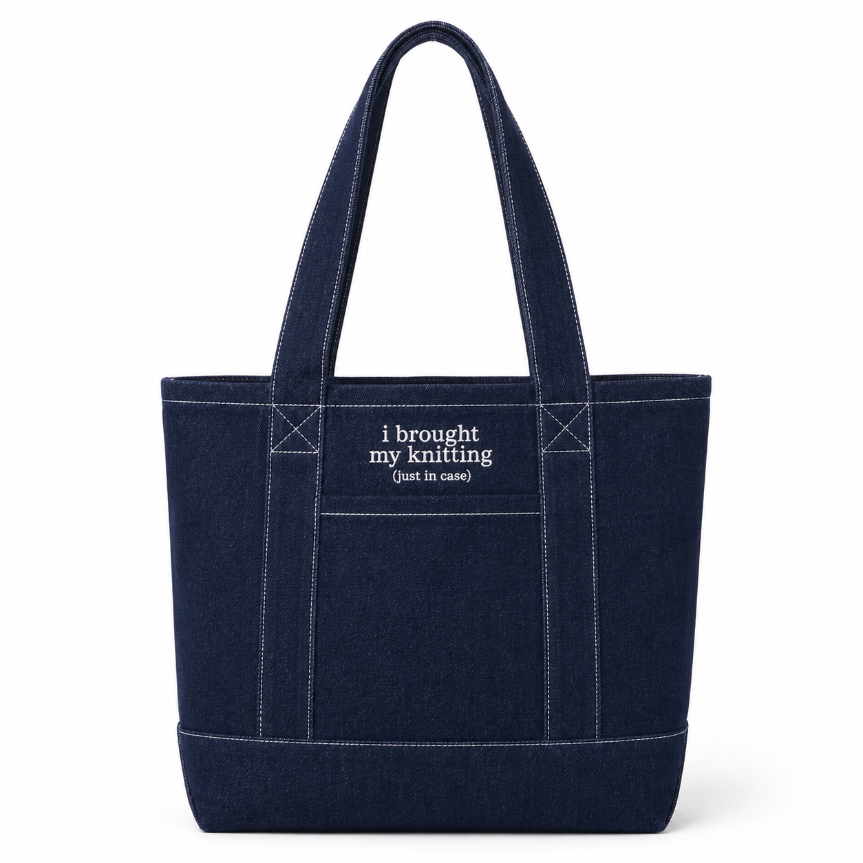 Dark denim oversized pocket tote with white I Brought My Knitting embroidery
