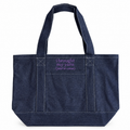 Dark denim XL pocket tote with purple “I Brought My Yarn (Just in Case)” embroidery.