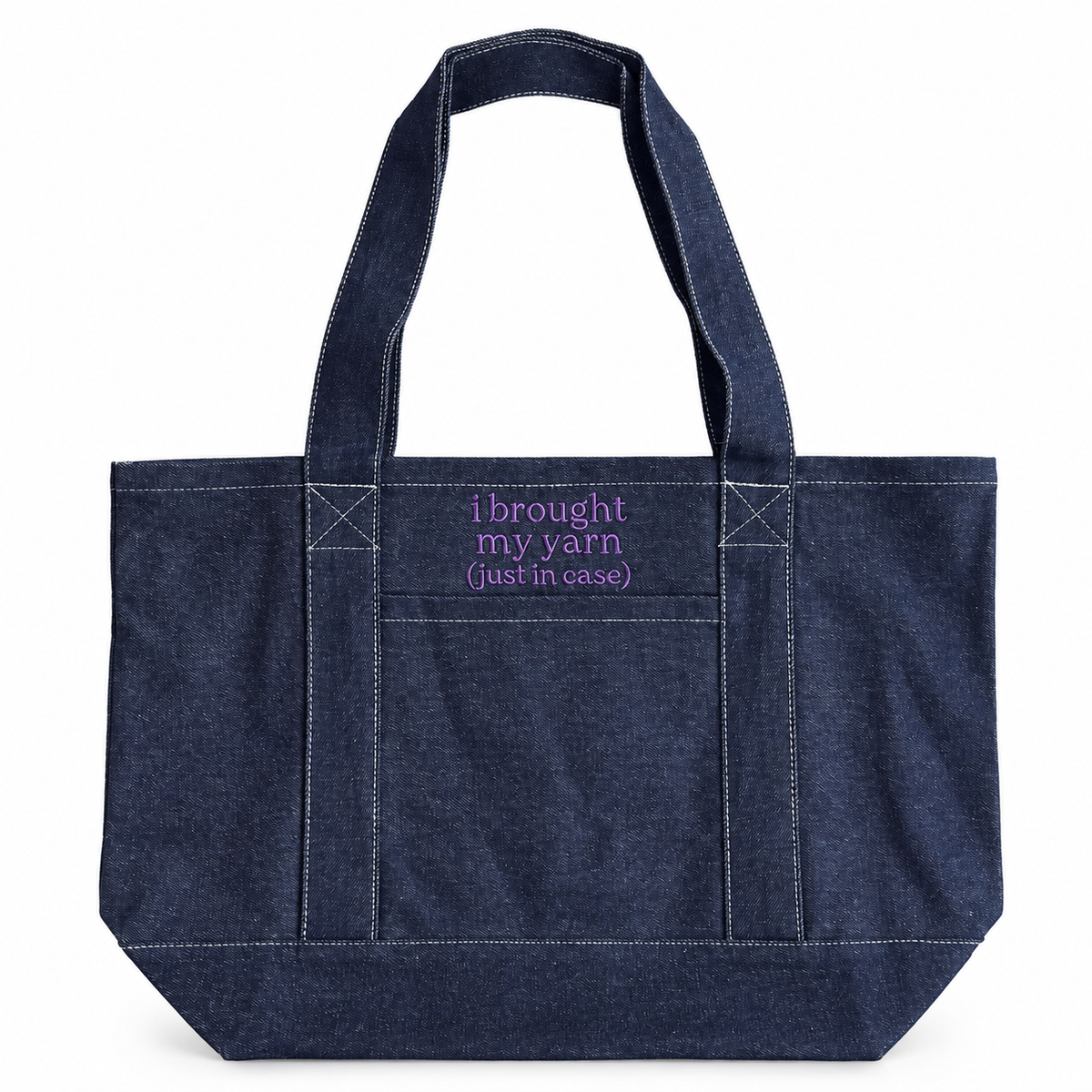 Dark denim XL pocket tote with purple “I Brought My Yarn (Just in Case)” embroidery.