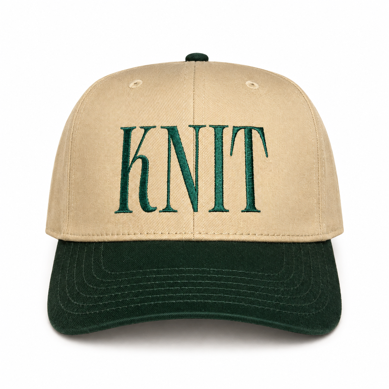 Khaki and forest green structured hat with forest green Knit embroidery